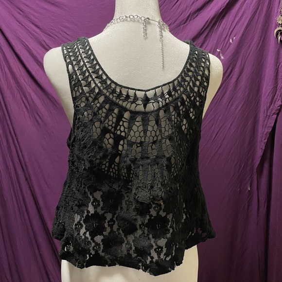 Edgy Unique Black Mesh Lace Cropped Top Tank with a Dual-Sided Design (Medium) - Picture 6 of 10